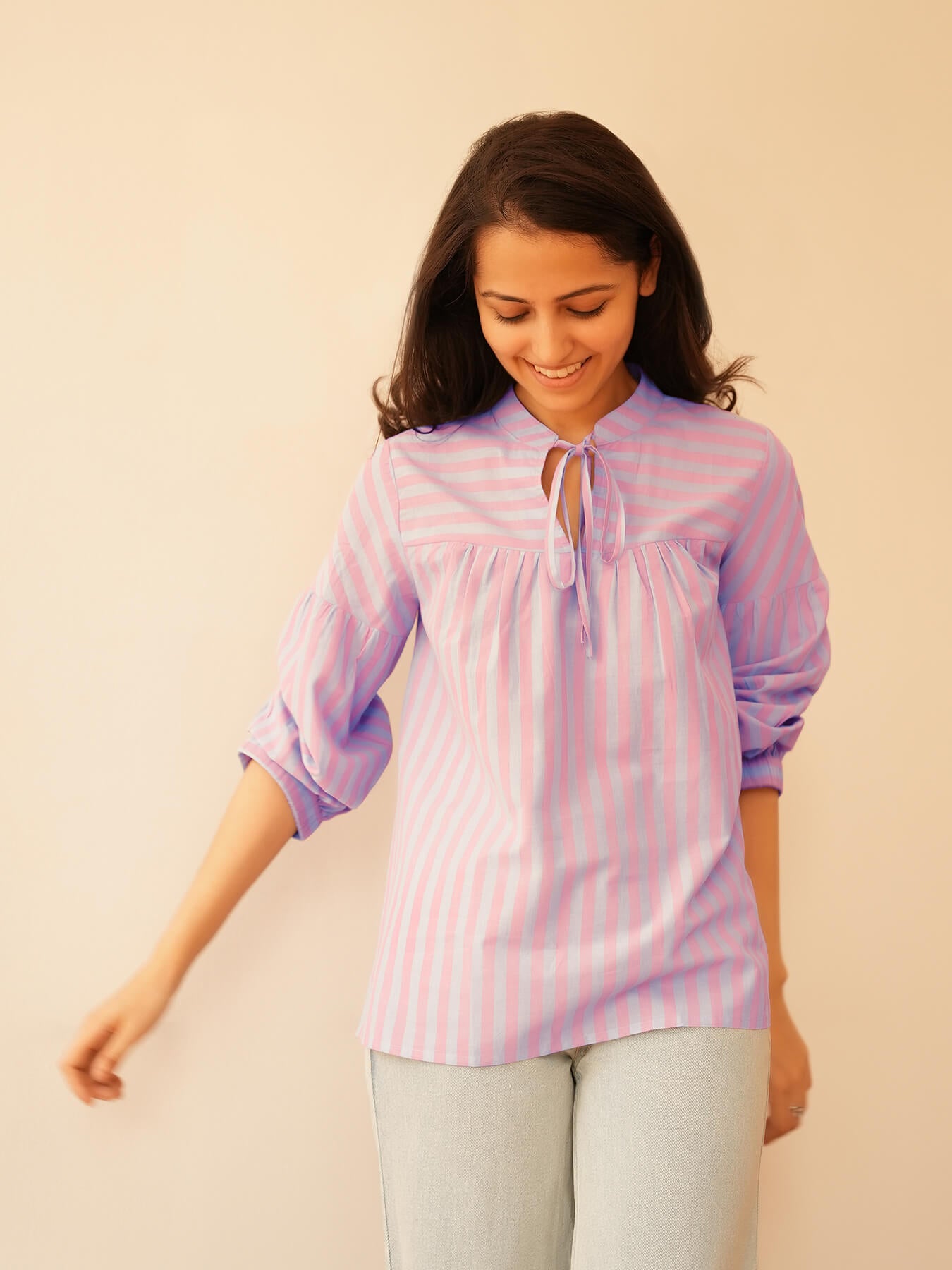 Cotton Stripe Play Tie up Top - Pink & Blue