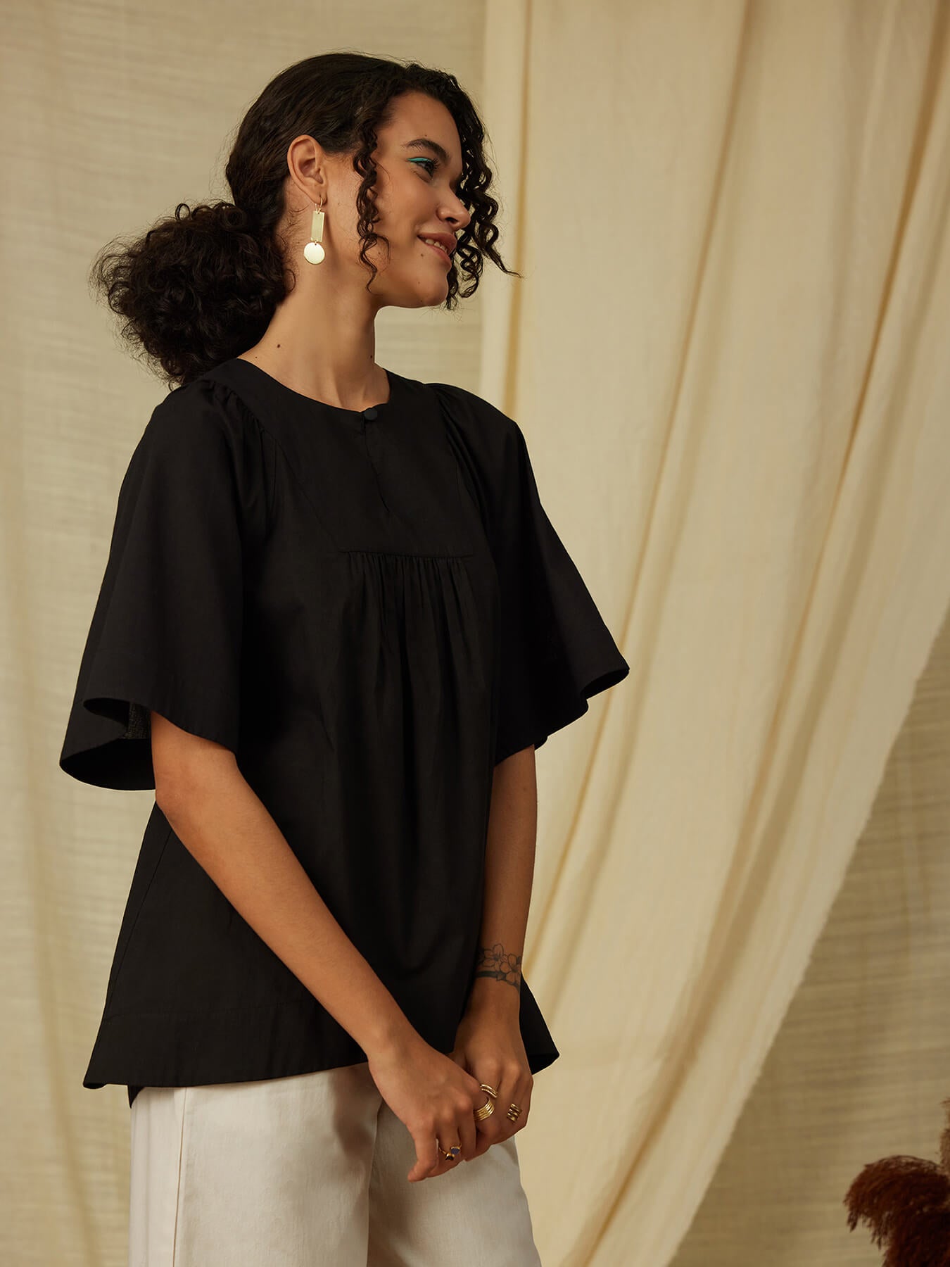 Cotton Gathered Top - Black