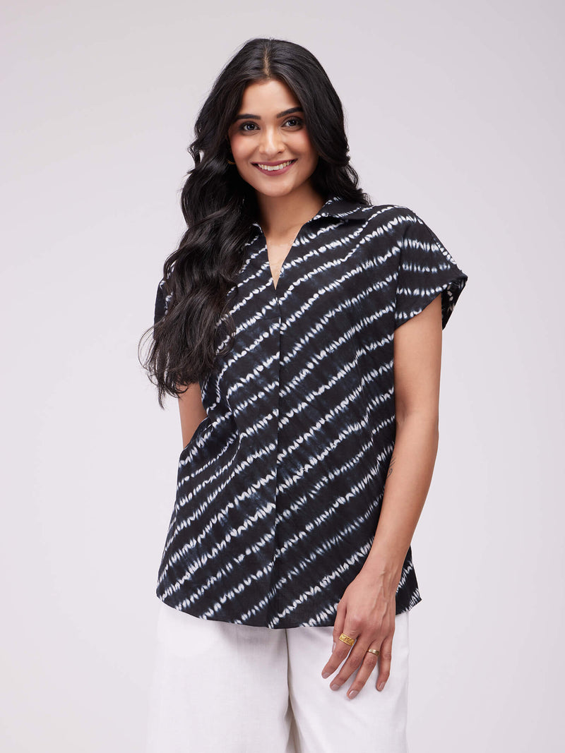 Cotton Shibori Striped Top - Black