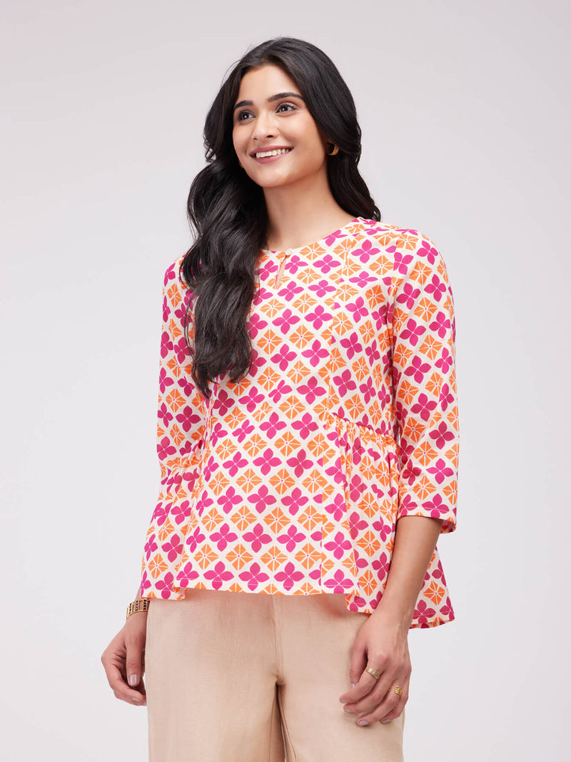 Cotton Floral A-Line Top - Orange & Pink