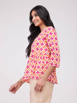 Cotton Floral A-Line Top - Orange & Pink