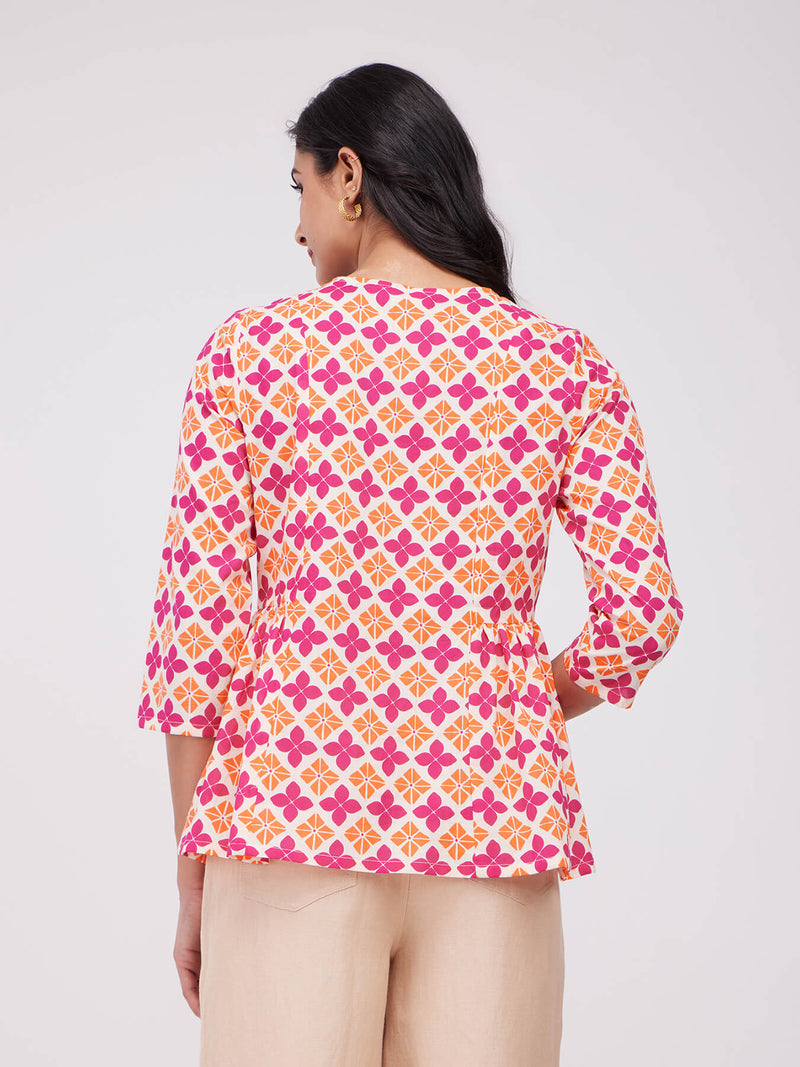 Cotton Floral A-Line Top - Orange & Pink