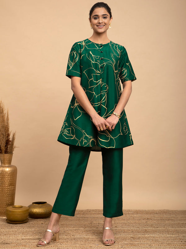 Foil Print Silk Trousers - Green
