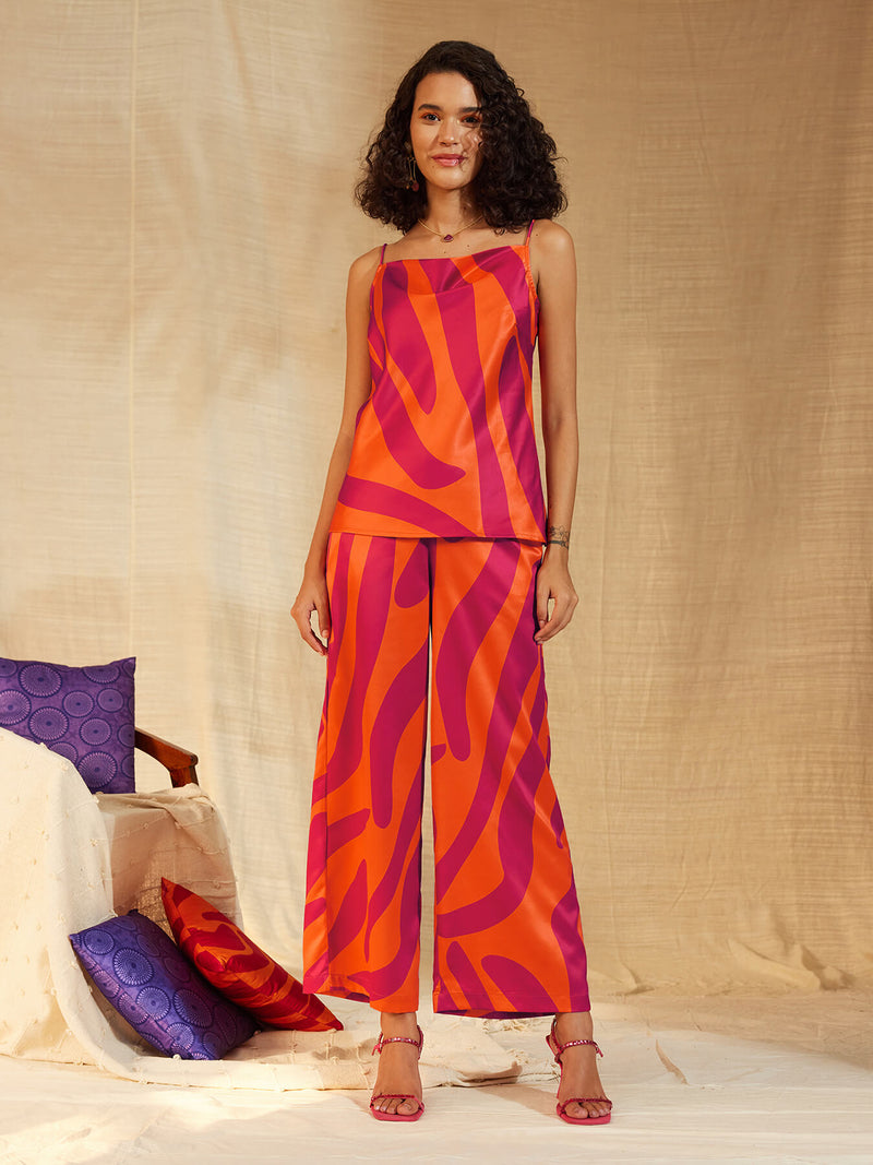 Satin Abstract Print Wide-leg Trousers - Orange & Pink