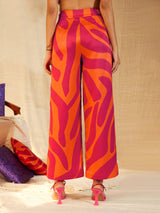 Satin Abstract Print Wide-leg Trousers - Orange & Pink