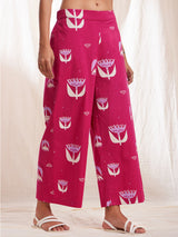 Cotton Poplin Floral Wide Leg Trousers - Pink