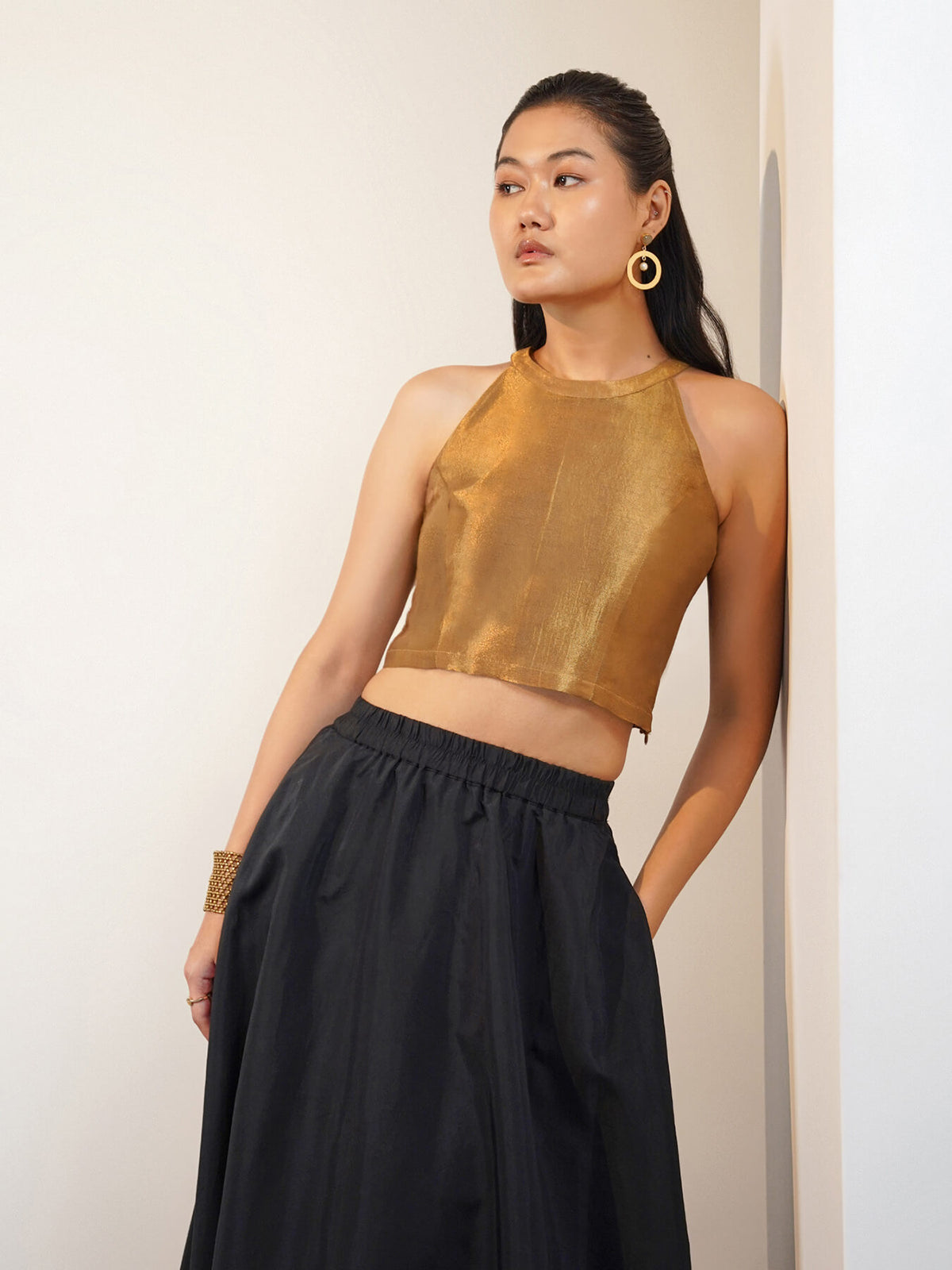 Viscose Silk Solid Halter Neck Blouse - Gold