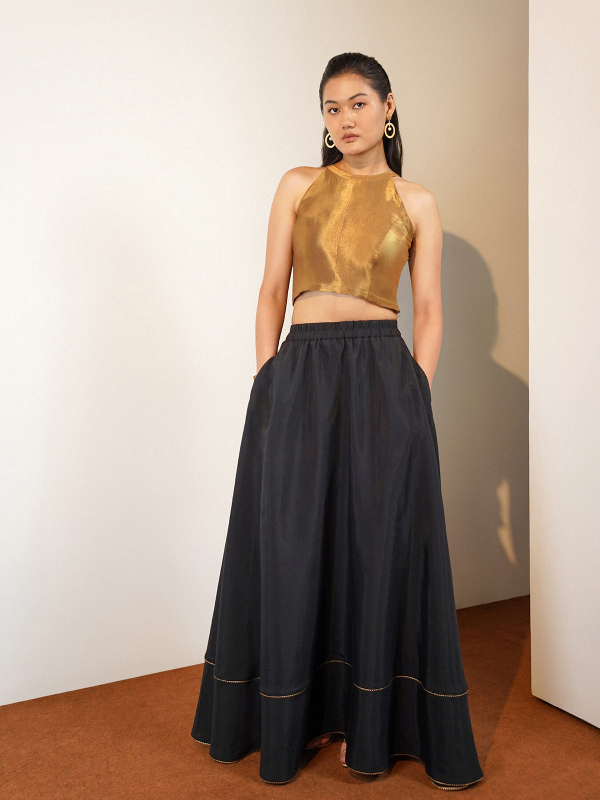 Viscose Silk Solid Halter Neck Blouse - Gold