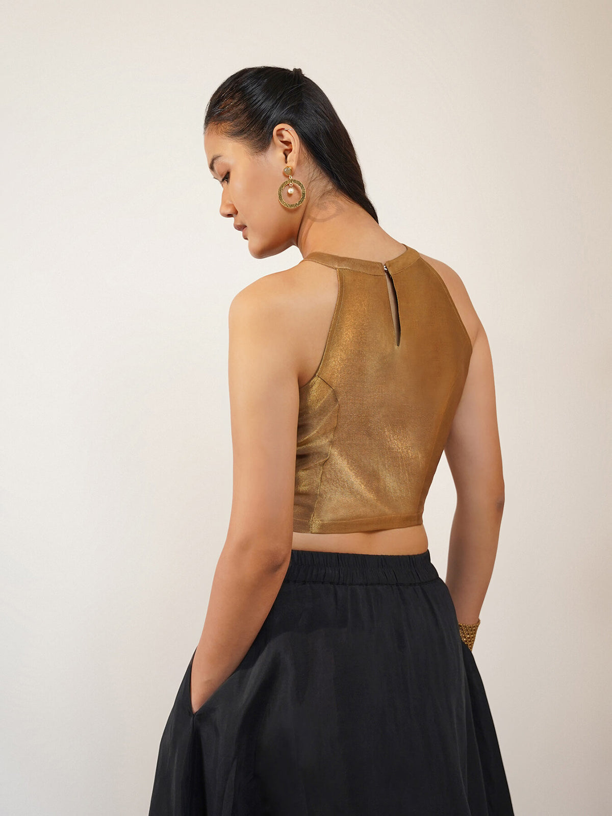 Viscose Silk Solid Halter Neck Blouse - Gold