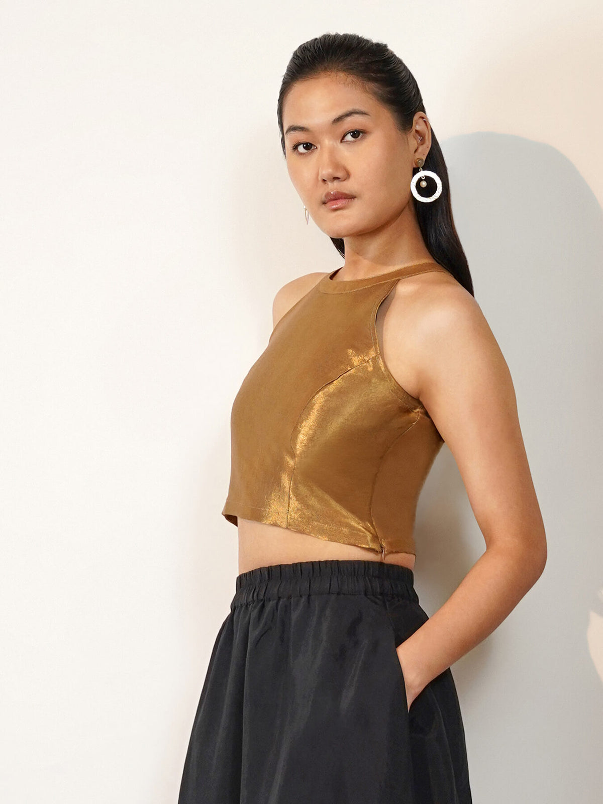 Viscose Silk Solid Halter Neck Blouse - Gold