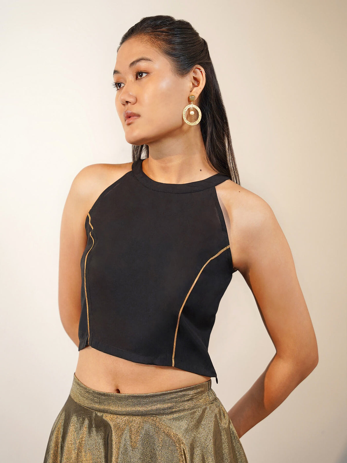 Viscose Silk Halter Neck Blouse - Black