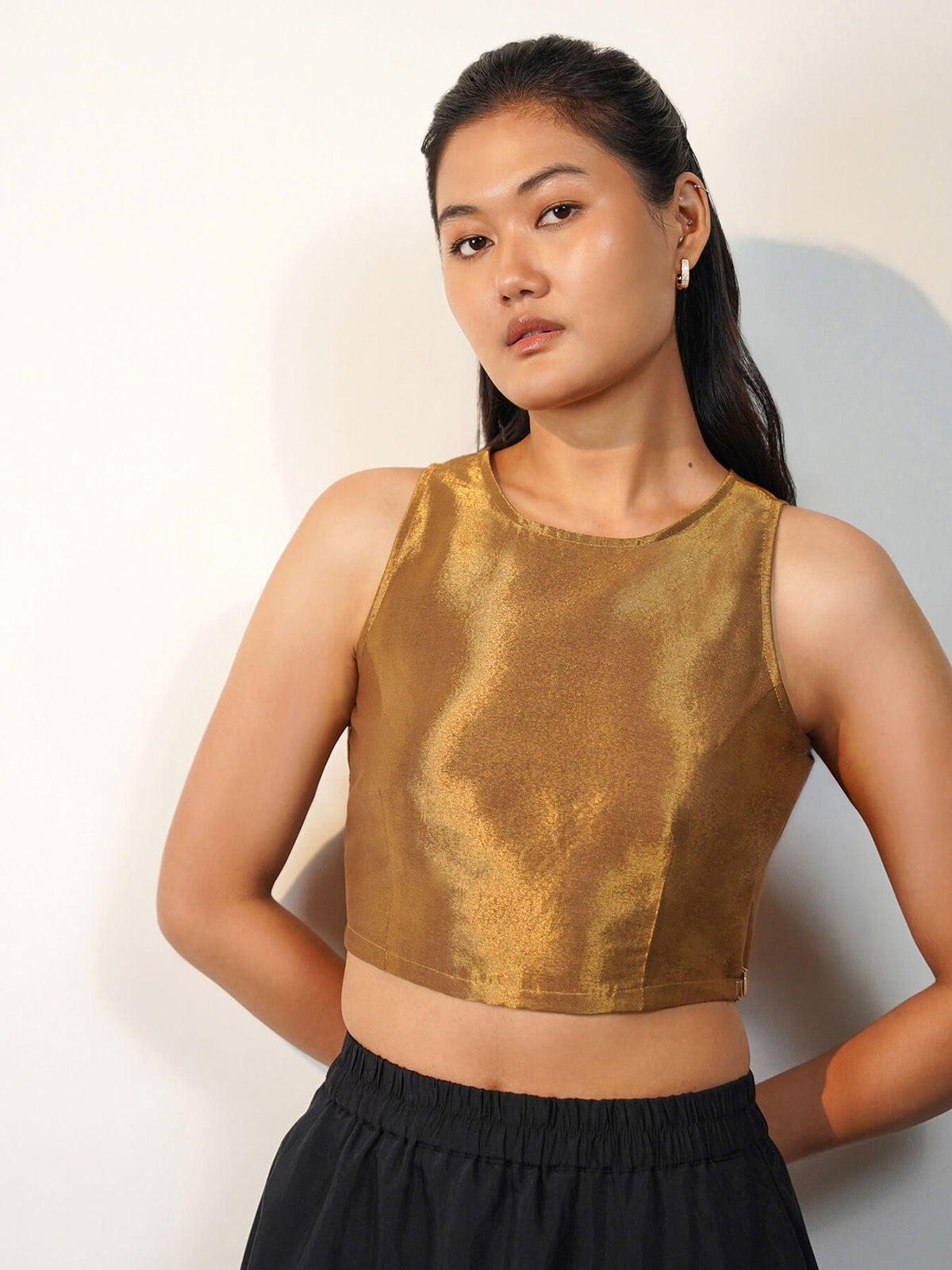 Viscose Silk Solid Round Neck Blouse - Gold