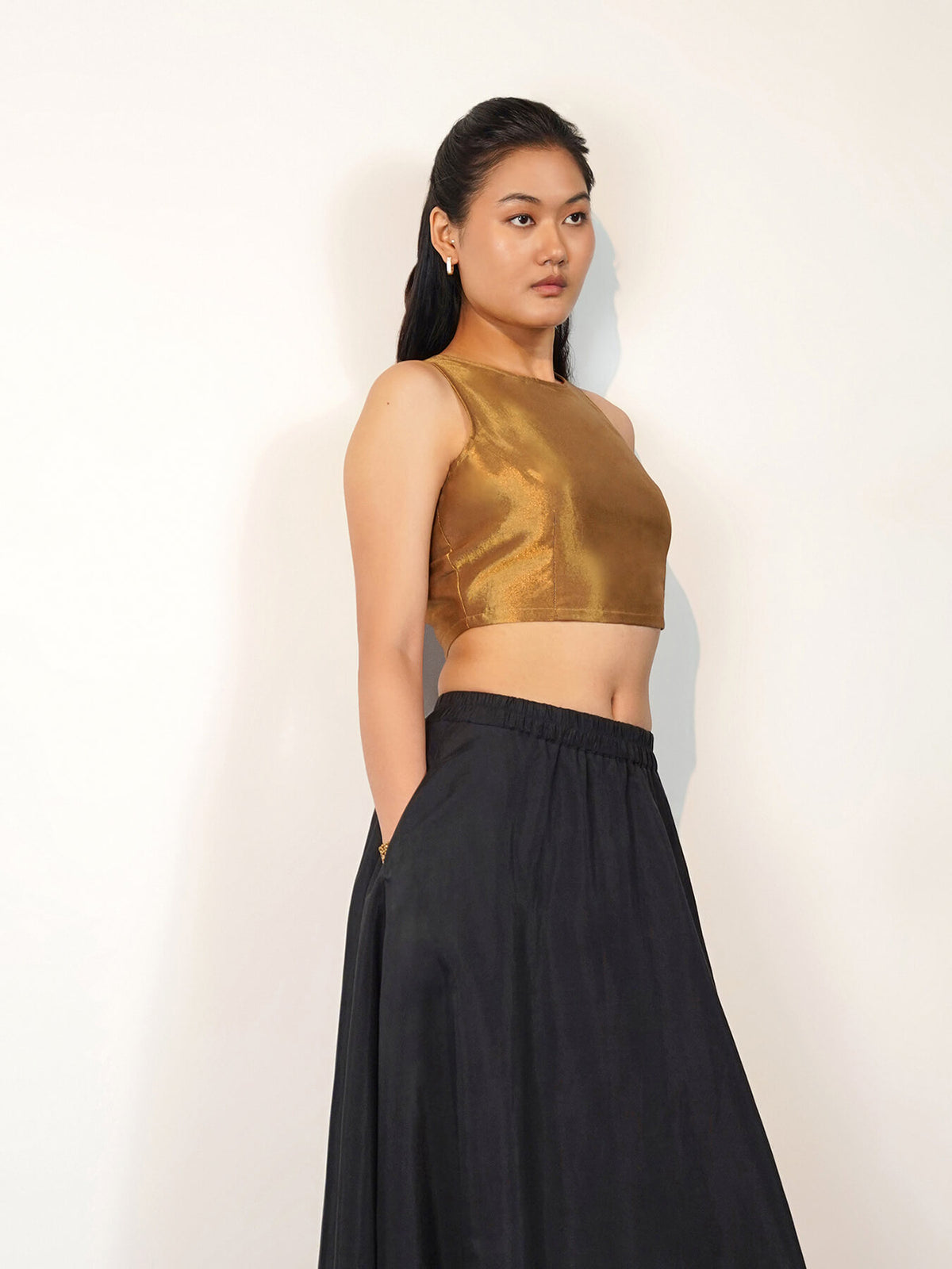 Viscose Silk Solid Round Neck Blouse - Gold