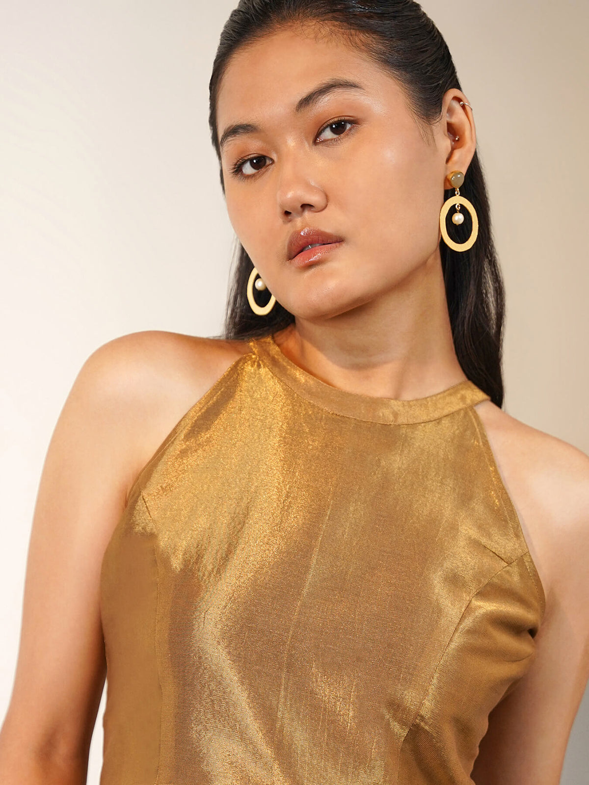 Viscose Silk Solid Round Neck Blouse - Gold
