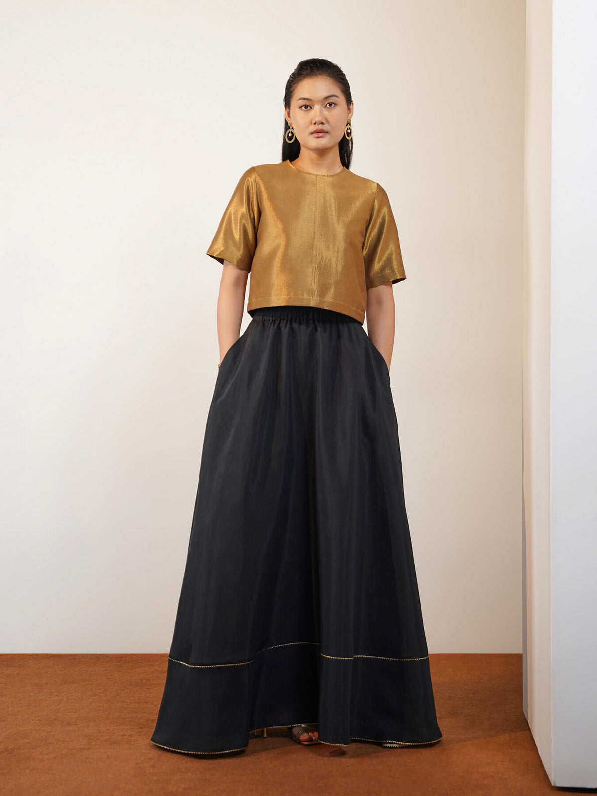 Viscose Silk Solid Boxy Fit Blouse - Gold