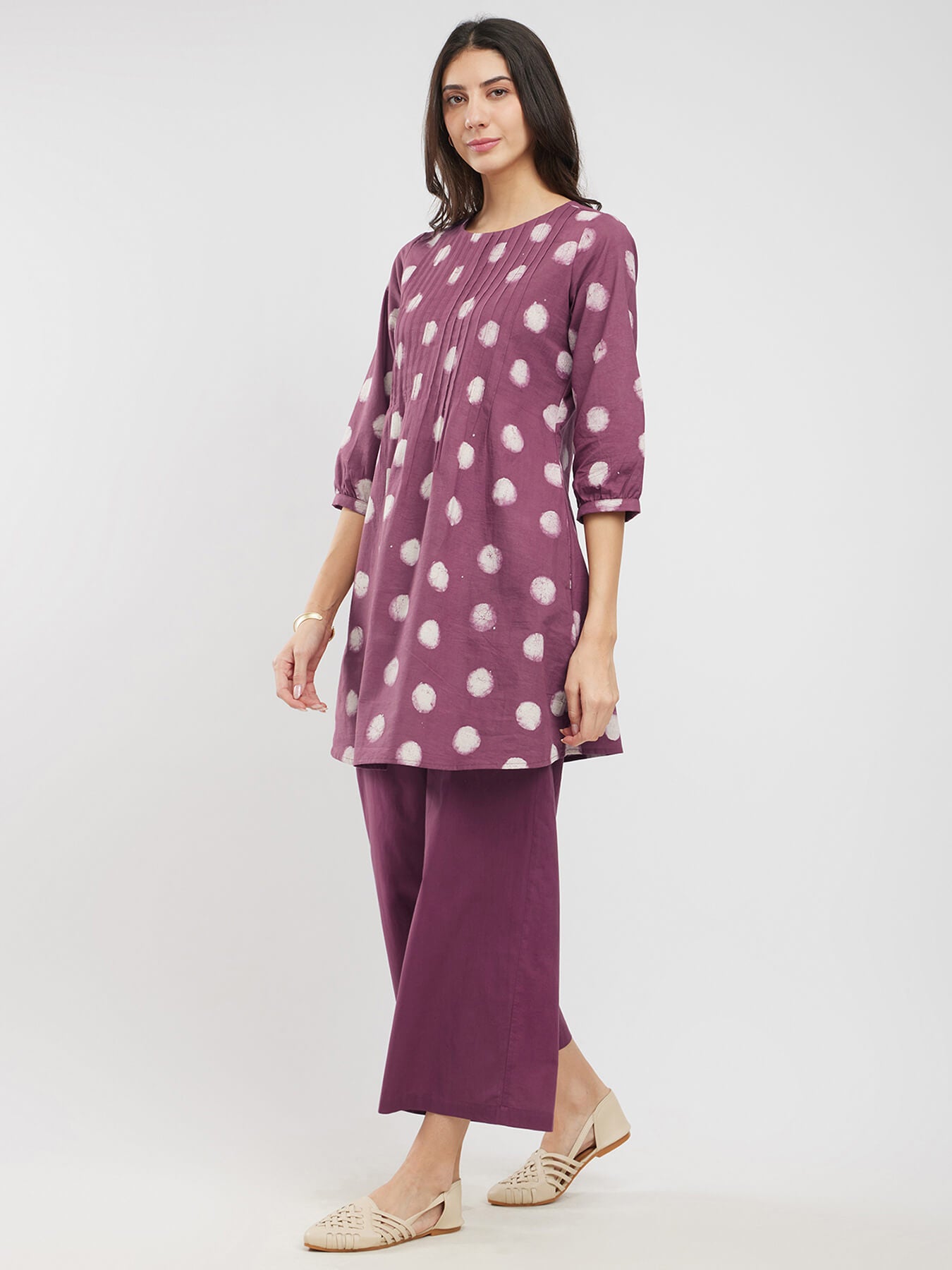 Cotton Dabu Polka Pintuck Co-ord Set - Burgundy