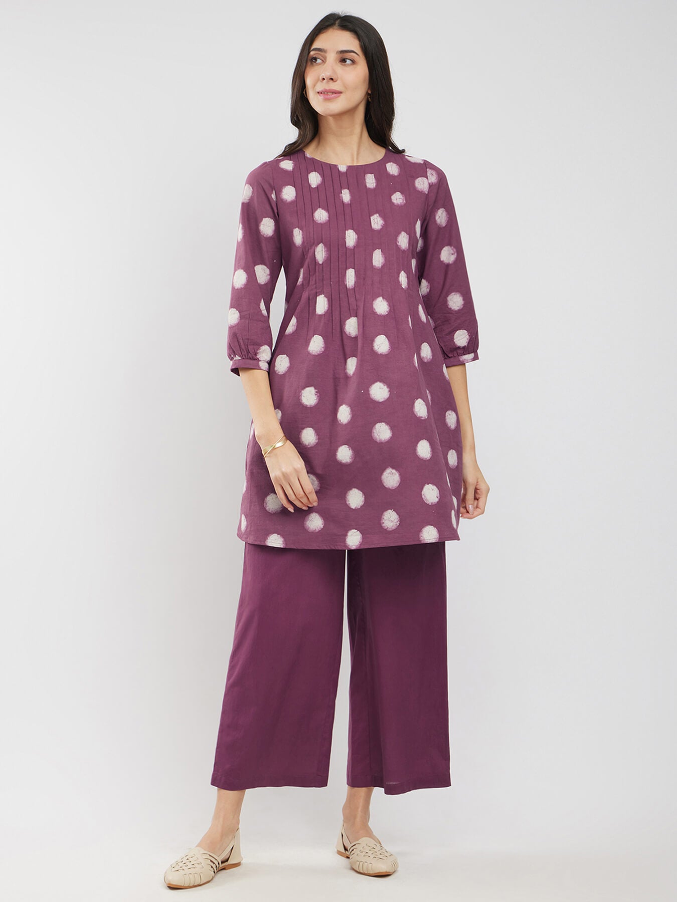 Cotton Dabu Polka Pintuck Co-ord Set - Burgundy