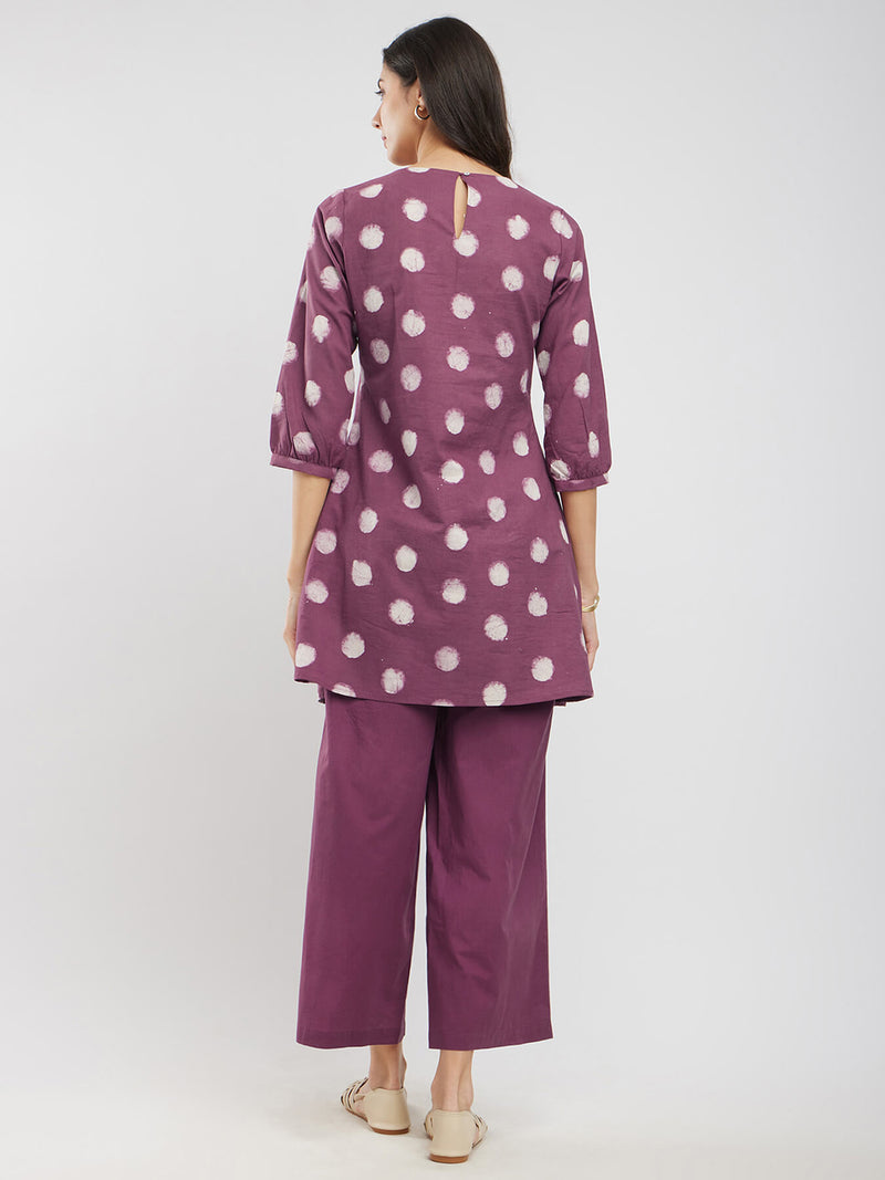 Cotton Dabu Polka Pintuck Co-ord Set - Burgundy