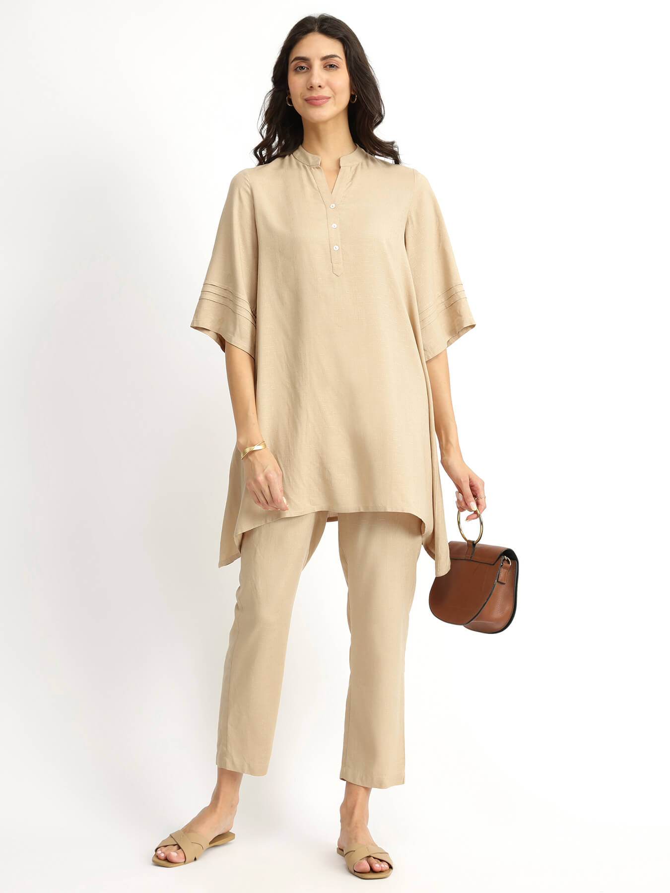 Soft Textured Rayon Solid Co-ord Set - Beige