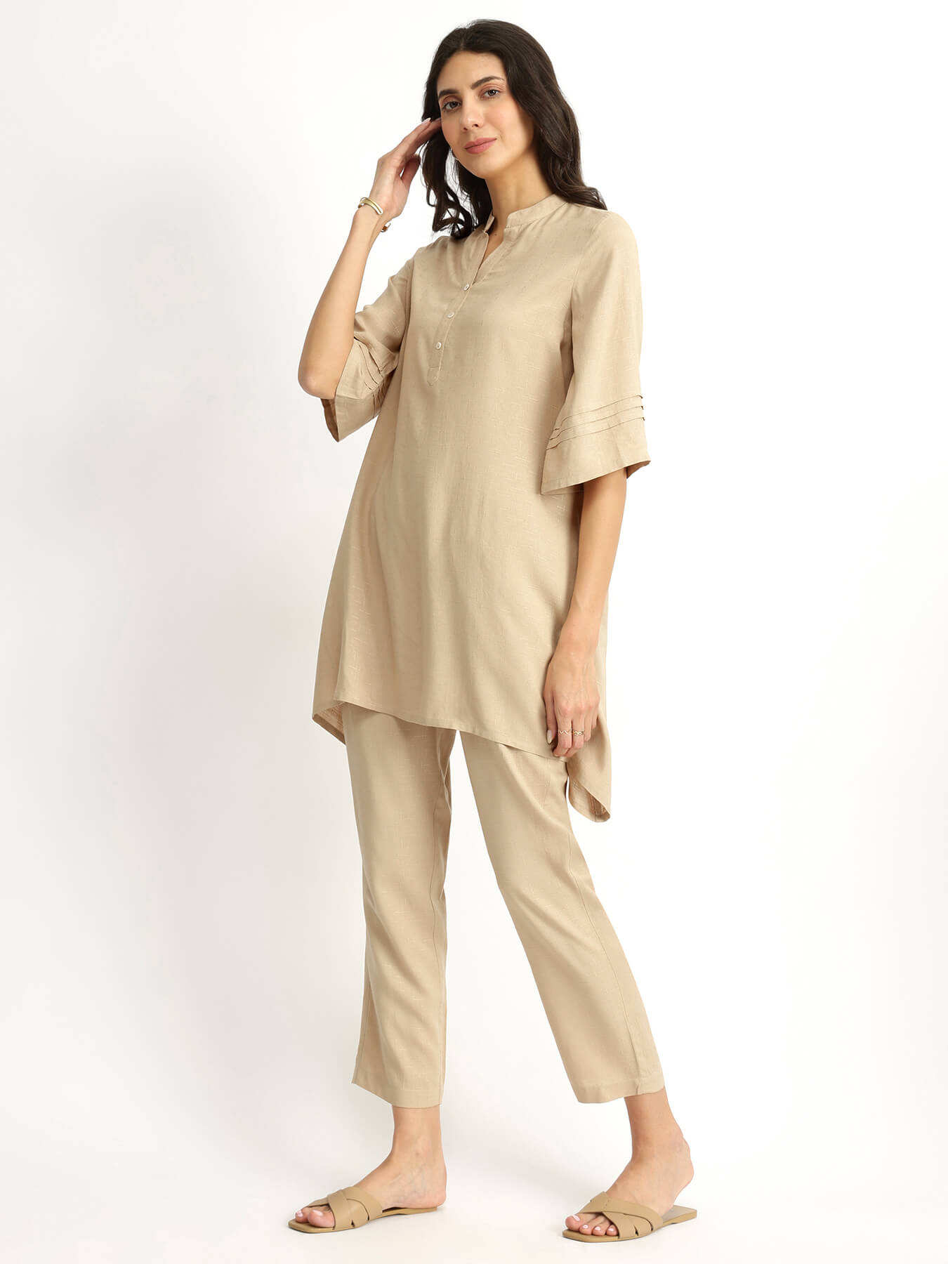 Soft Textured Rayon Solid Co-ord Set - Beige