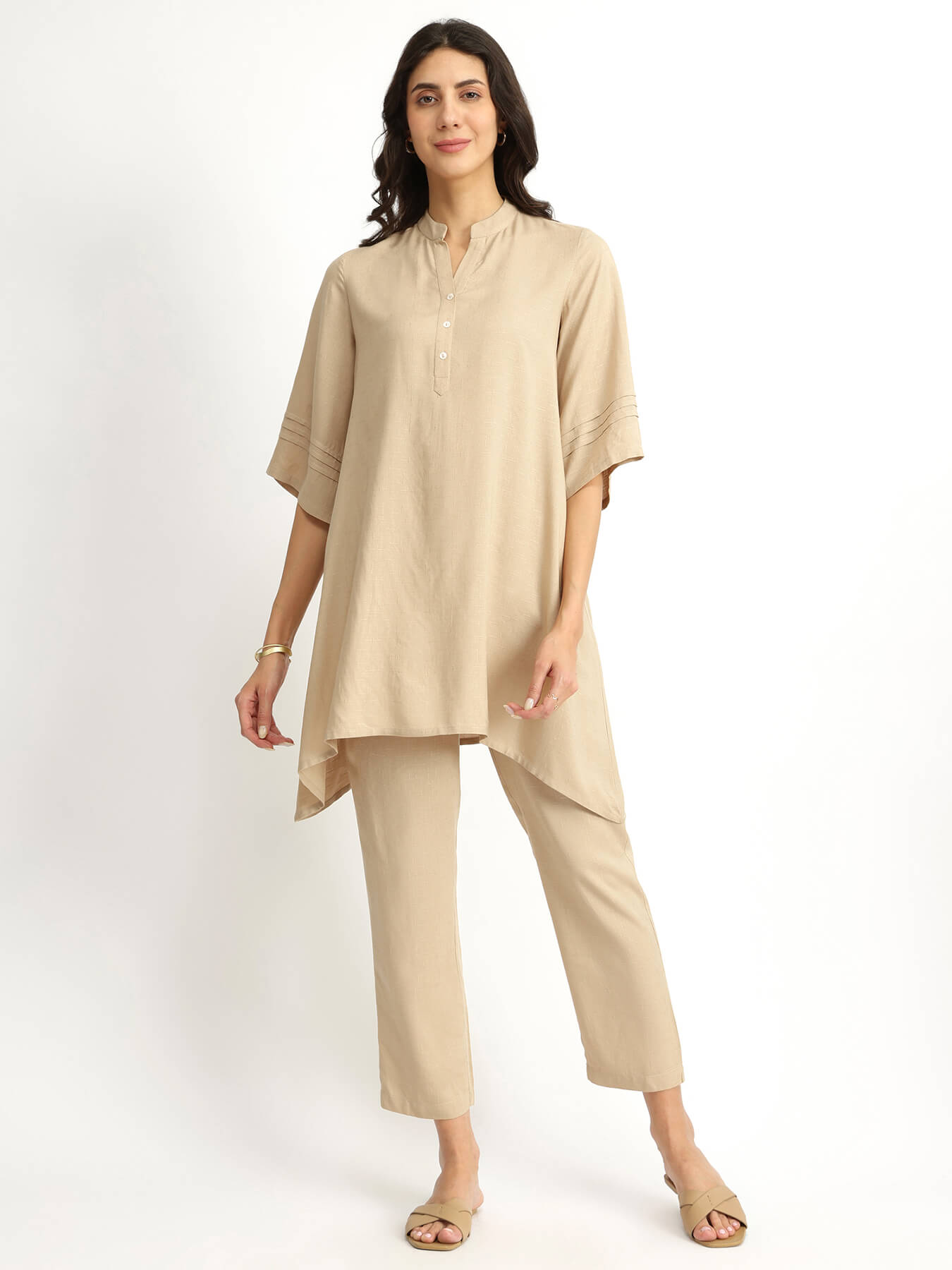 Soft Textured Rayon Solid Co-ord Set - Beige