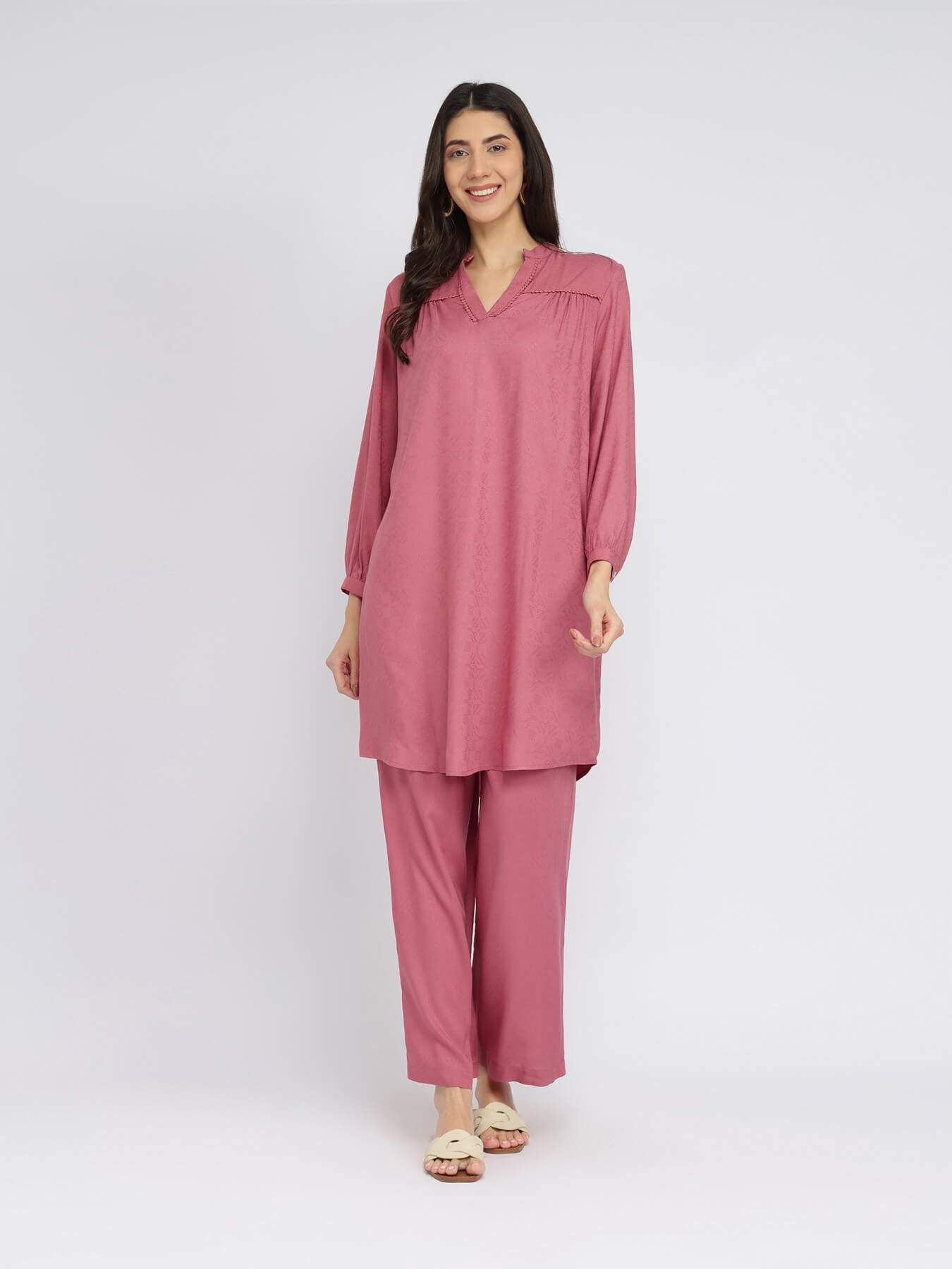 Soft Textured Rayon Solid Co-ord Set - Pink