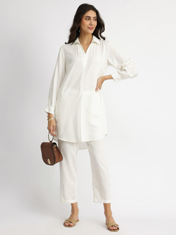 Soft Textured Rayon Solid Co-ord Set - White