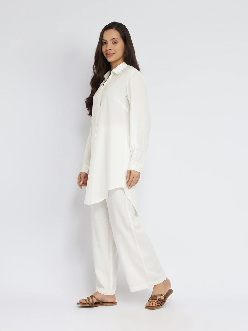 Rayon Solid Shirt Collar Co-ord Set - White