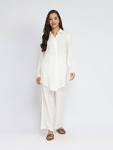 Rayon Solid Shirt Collar Co-ord Set - White