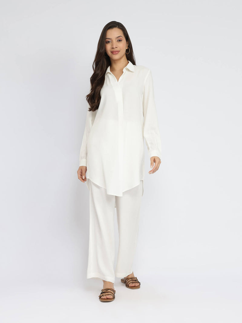 Rayon Solid Shirt Collar Co-ord Set - White