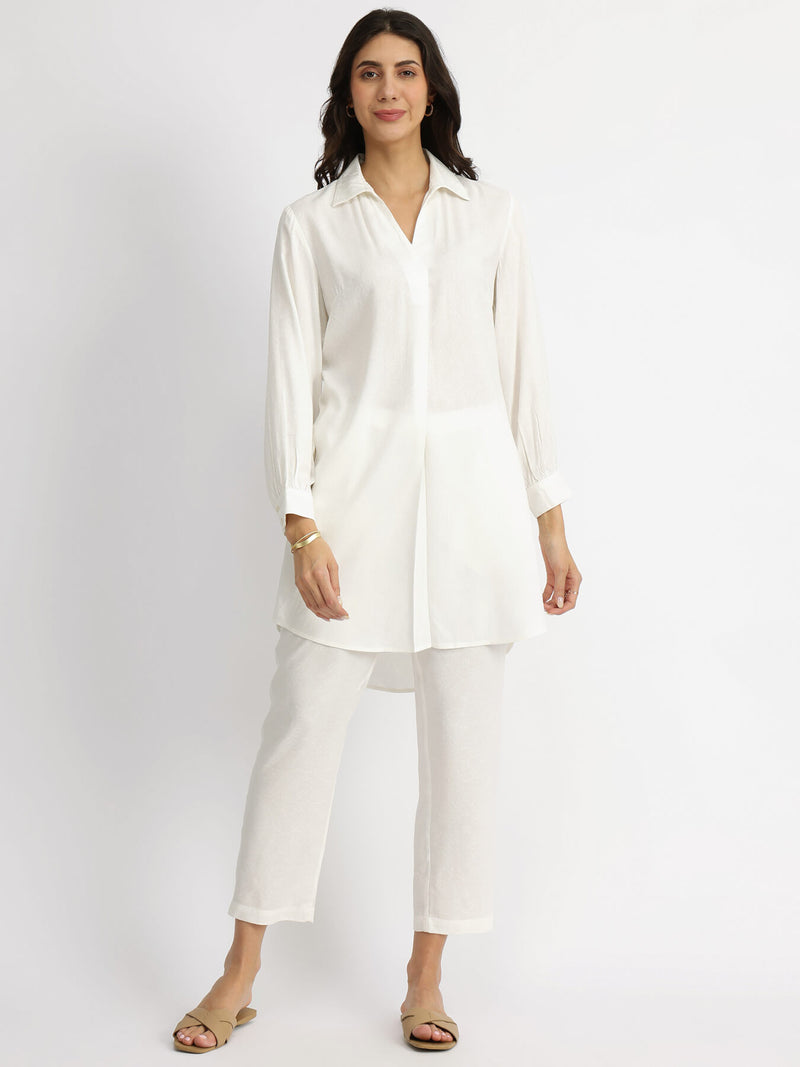 Soft Textured Rayon Solid Co-ord Set - White