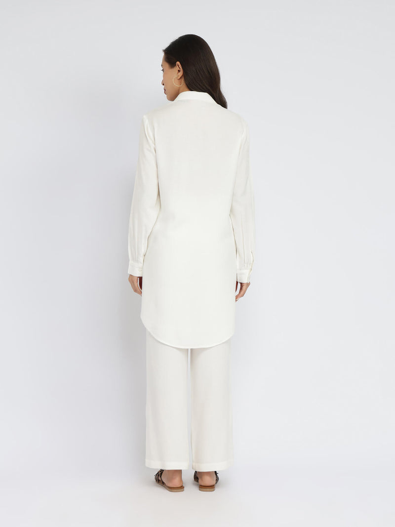 Rayon Solid Shirt Collar Co-ord Set - White