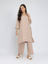Cotton Solid Asymmetric Co-ord Set - Beige