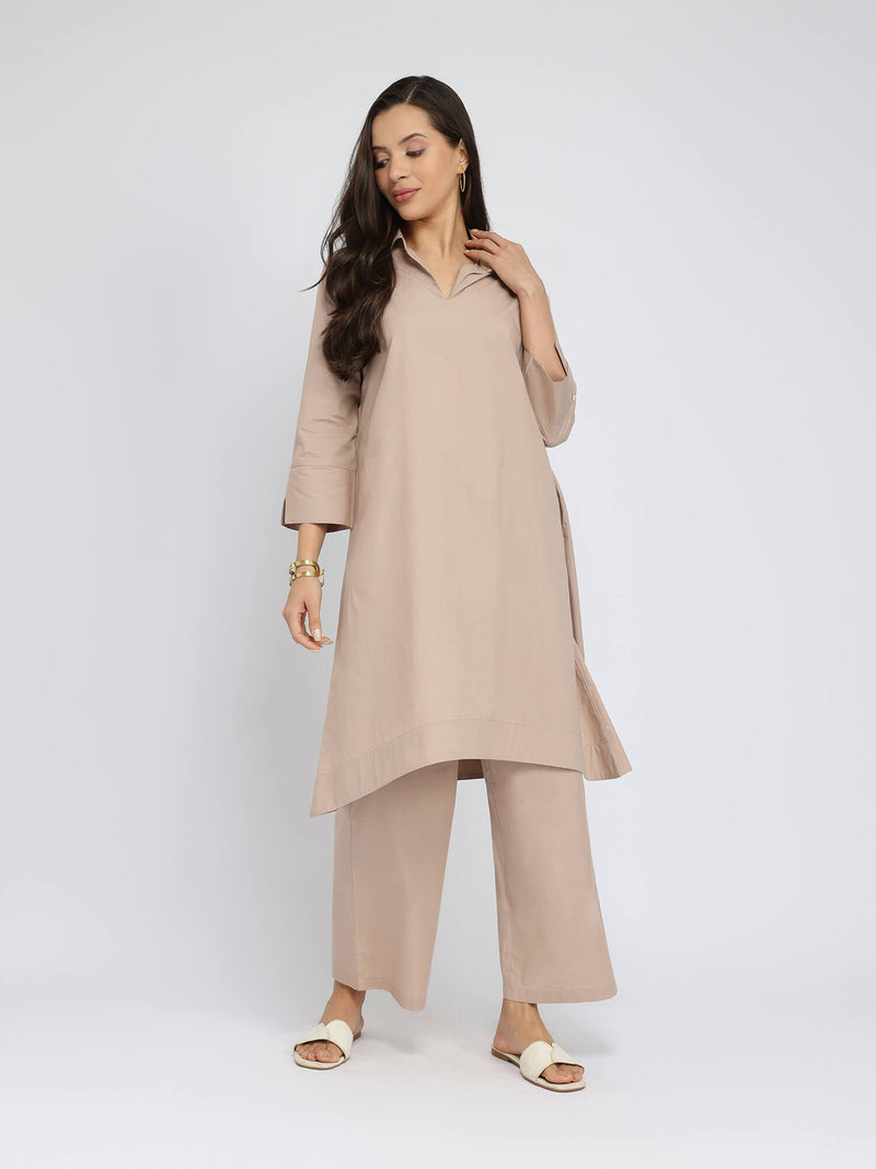 Cotton Solid Asymmetric Co-ord Set - Beige