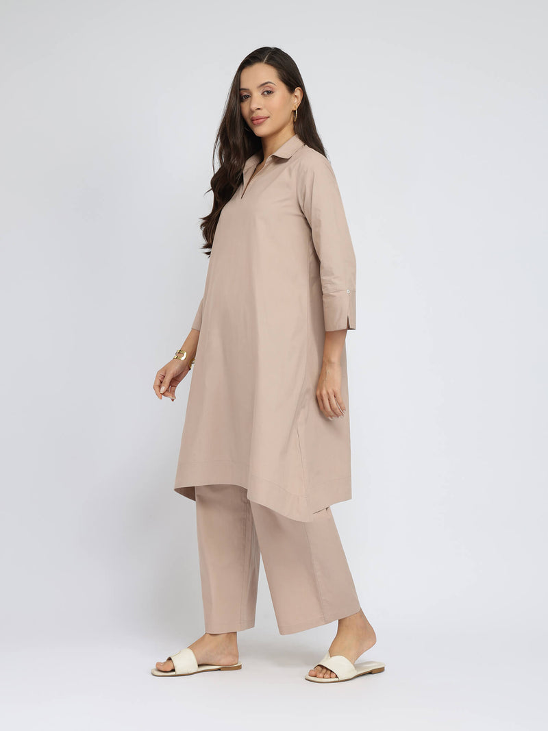 Cotton Solid Asymmetric Co-ord Set - Beige