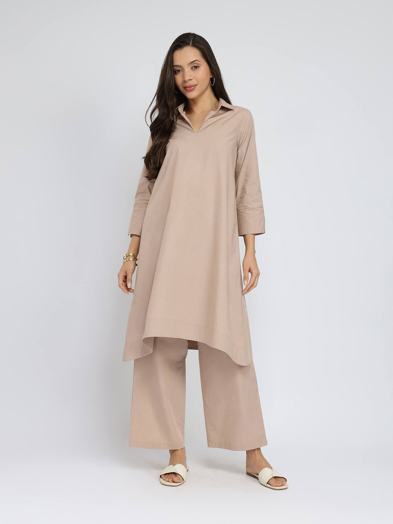 Cotton Solid Asymmetric Co-ord Set - Beige