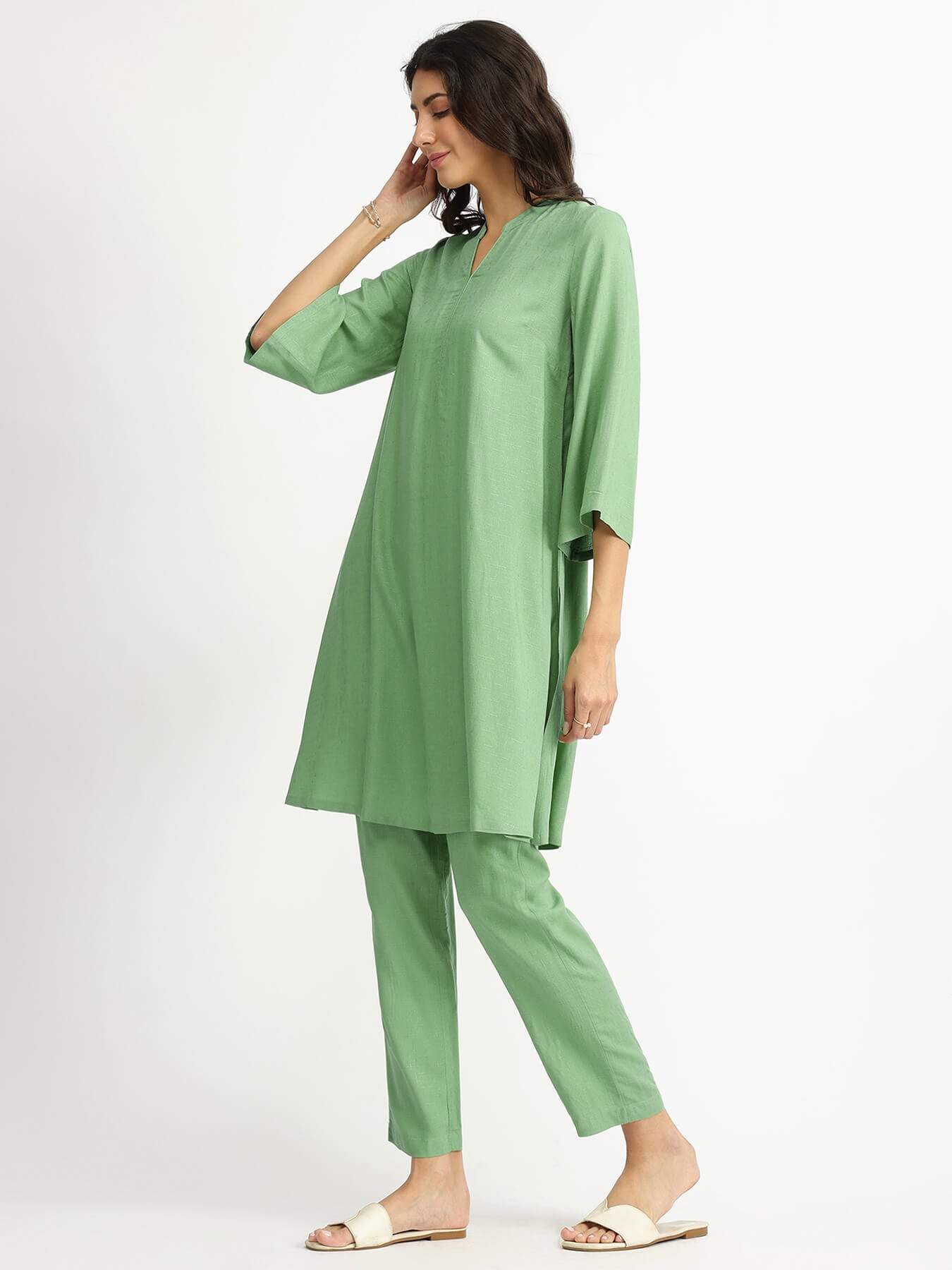 Soft Textured Rayon Solid Co-ord Set - Green