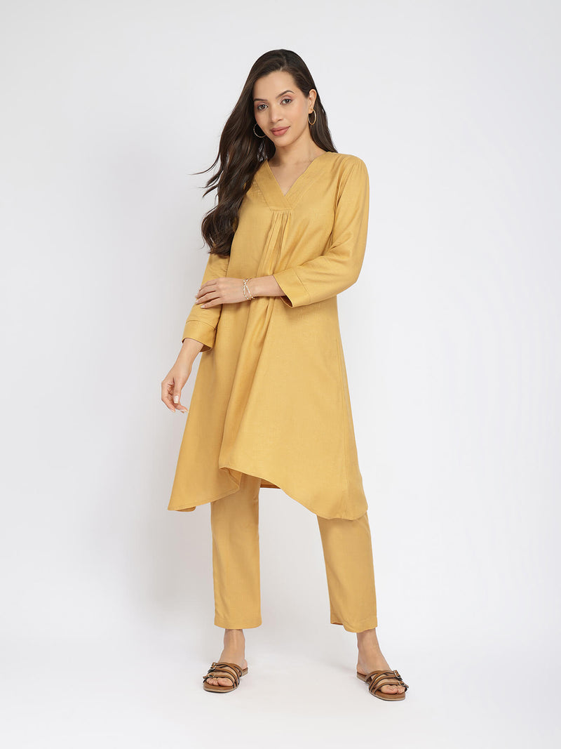 Rayon Solid Asymmetric Co-ord Set - Yellow
