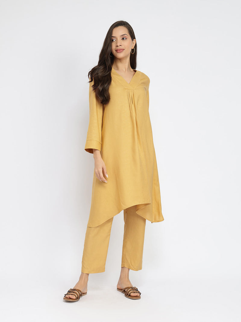 Rayon Solid Asymmetric Co-ord Set - Yellow