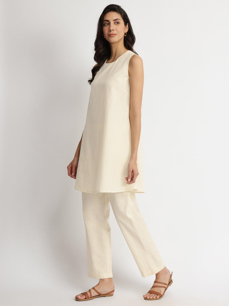Linen Blend Solid Co-ord Set - Off-White