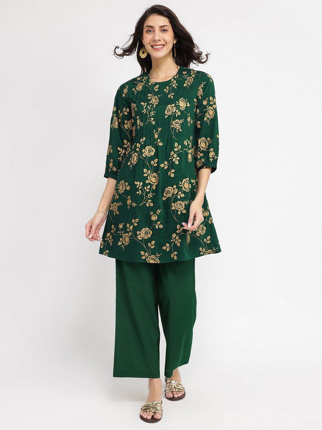 Silk Blend Floral Co-ord Set - Green & Gold