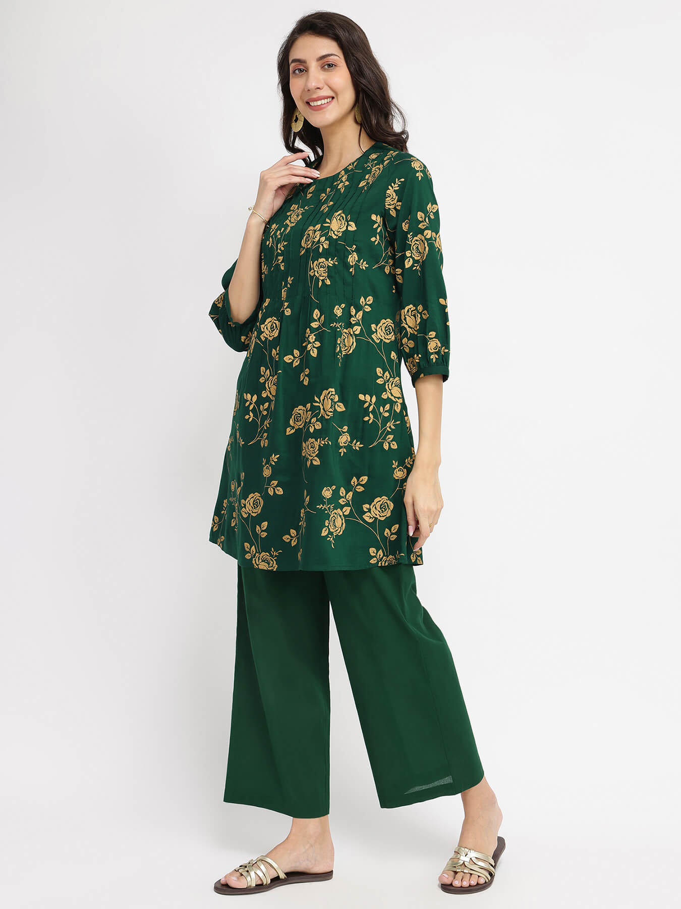 Silk Blend Floral Co-ord Set - Green & Gold