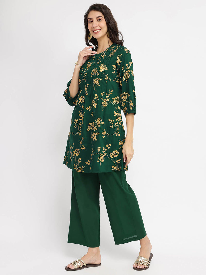 Silk Blend Floral Co-ord Set - Green & Gold