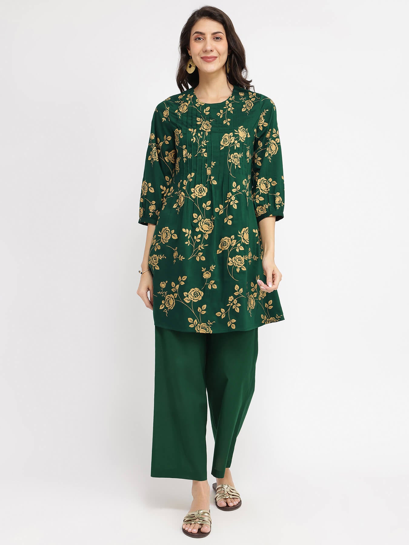 Silk Blend Floral Co-ord Set - Green & Gold