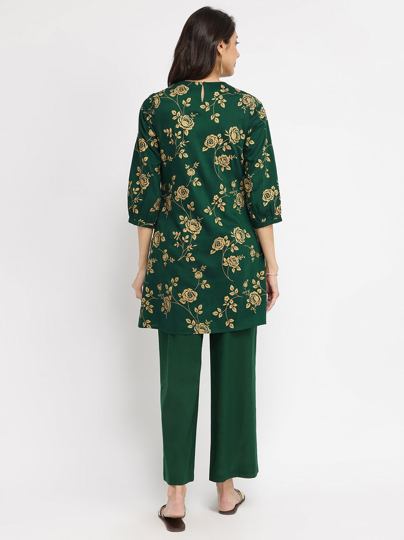 Silk Blend Floral Co-ord Set - Green & Gold
