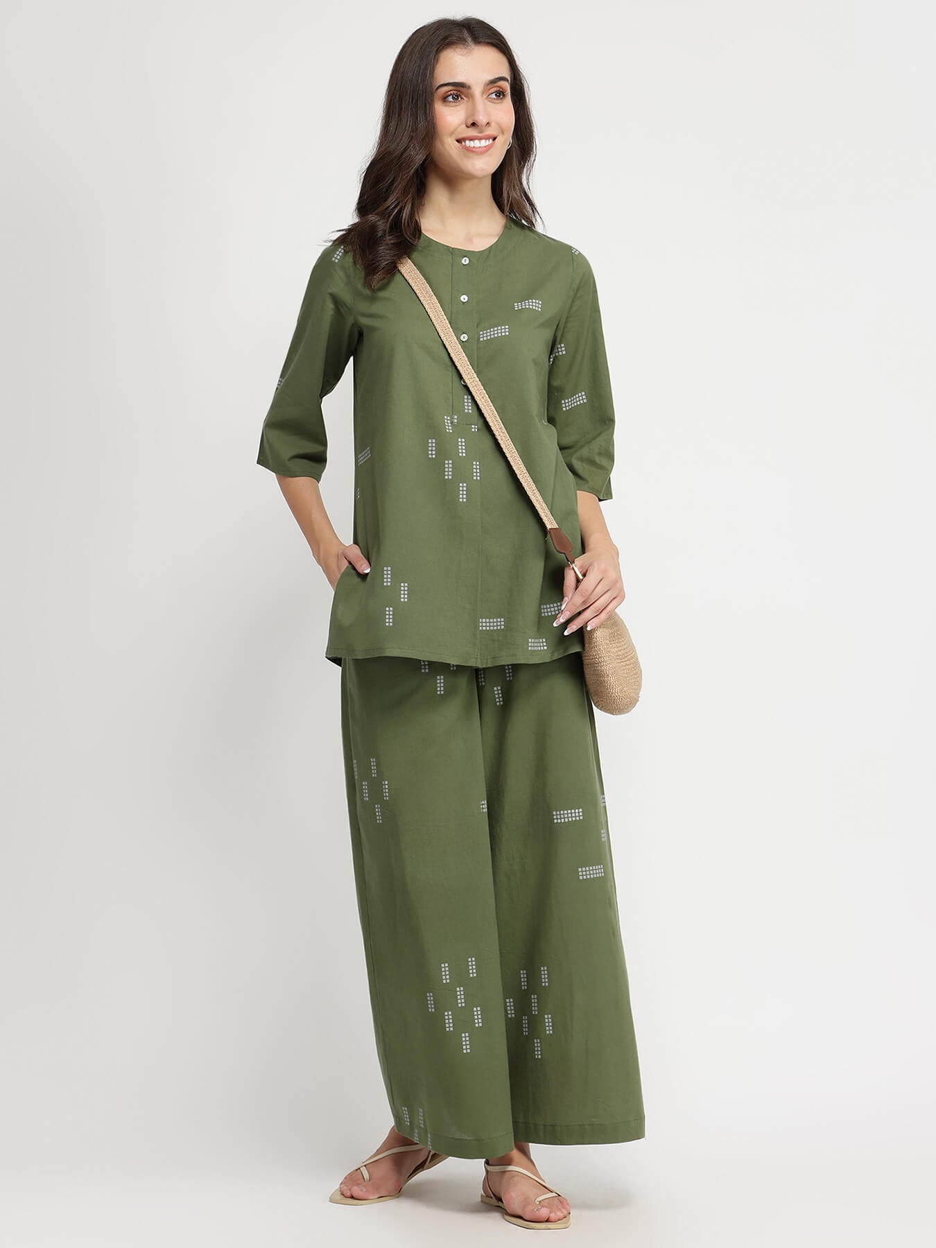 Cotton Geometric Print Co-ord Set - Olive