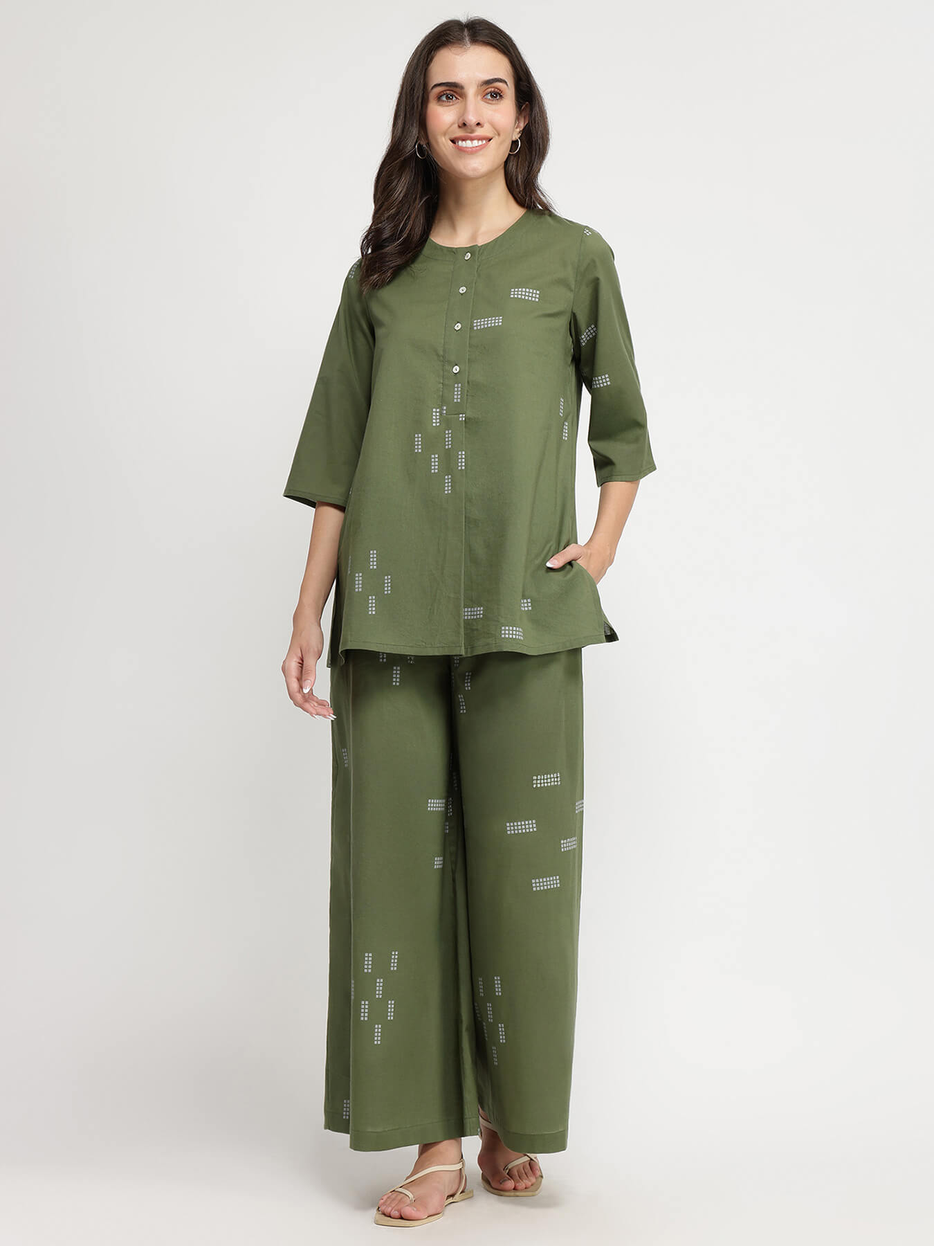 Cotton Geometric Print Co-ord Set - Olive