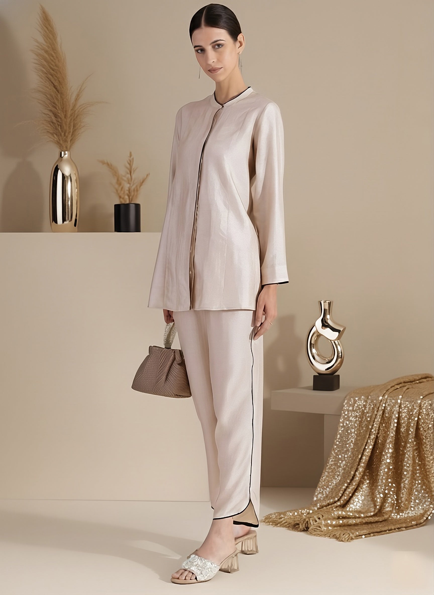 Silk Blend Colourblock Co-ord Set - Cream