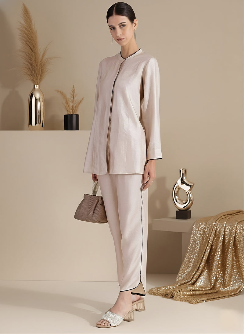 Silk Blend Colourblock Co-ord Set - Cream