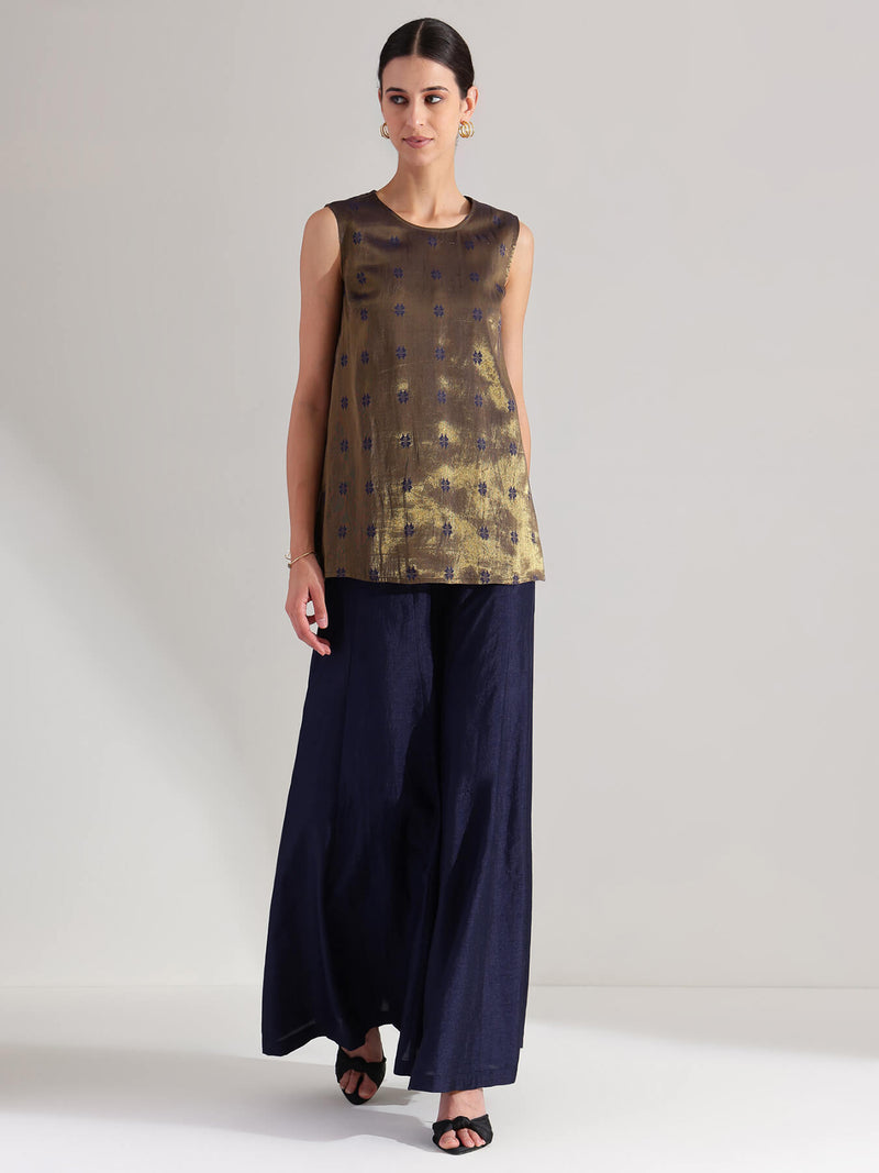 Jacquard Woven Sleeveless Co-ord Set - Navy Blue